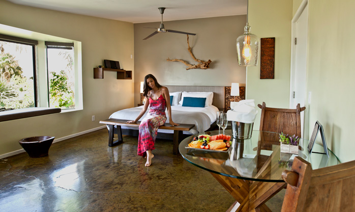 At the Spring Resort and Day Spa, the large and private Mountain View Suite features views of Mount San Jacinto, a king size bed, reserved parking, and a private entrance. Guests enjoy a secluded patio for private sunbathing or dining as well as a fully equipped café kitchen. Photo courtesy Spring Resort & Day Spa.