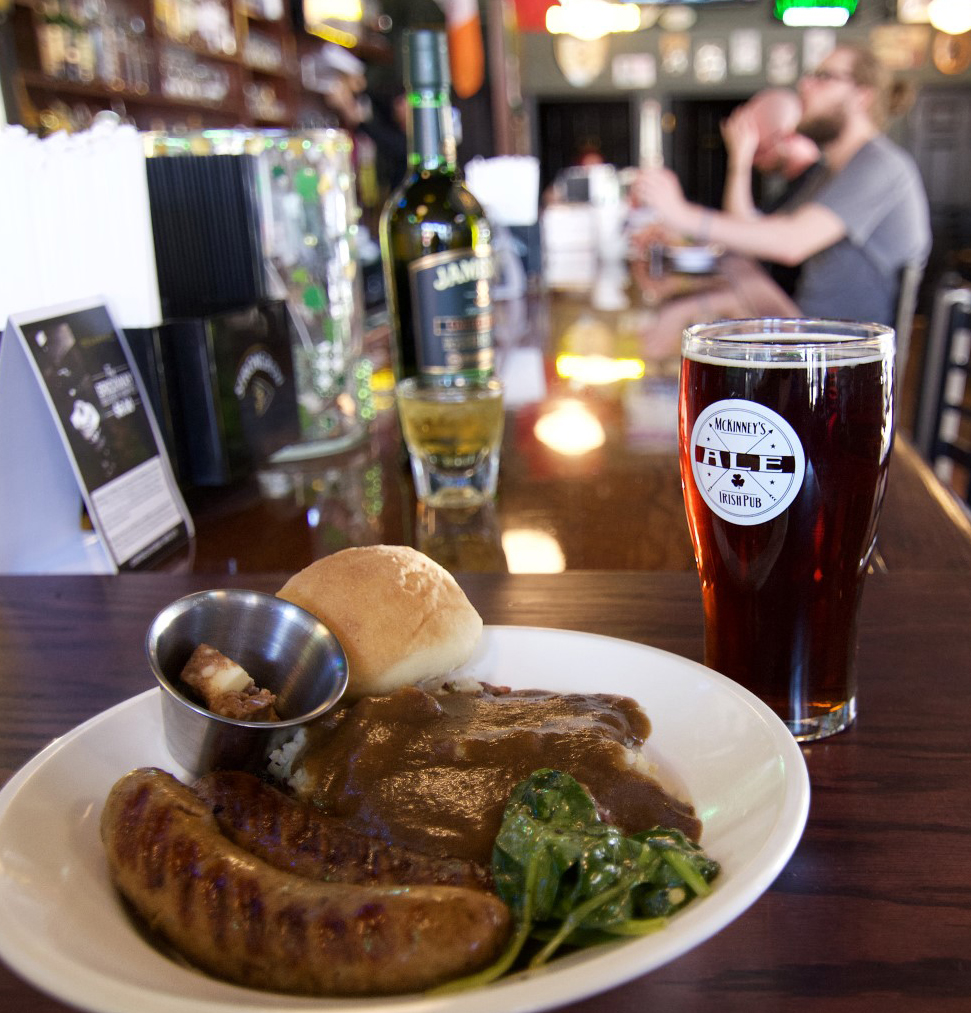 The Railside District in downtown Grand Island includes McKinney's Irish Pub, where you can dig into Bangers and Mash. Photo courtesy Grand Island CVB.