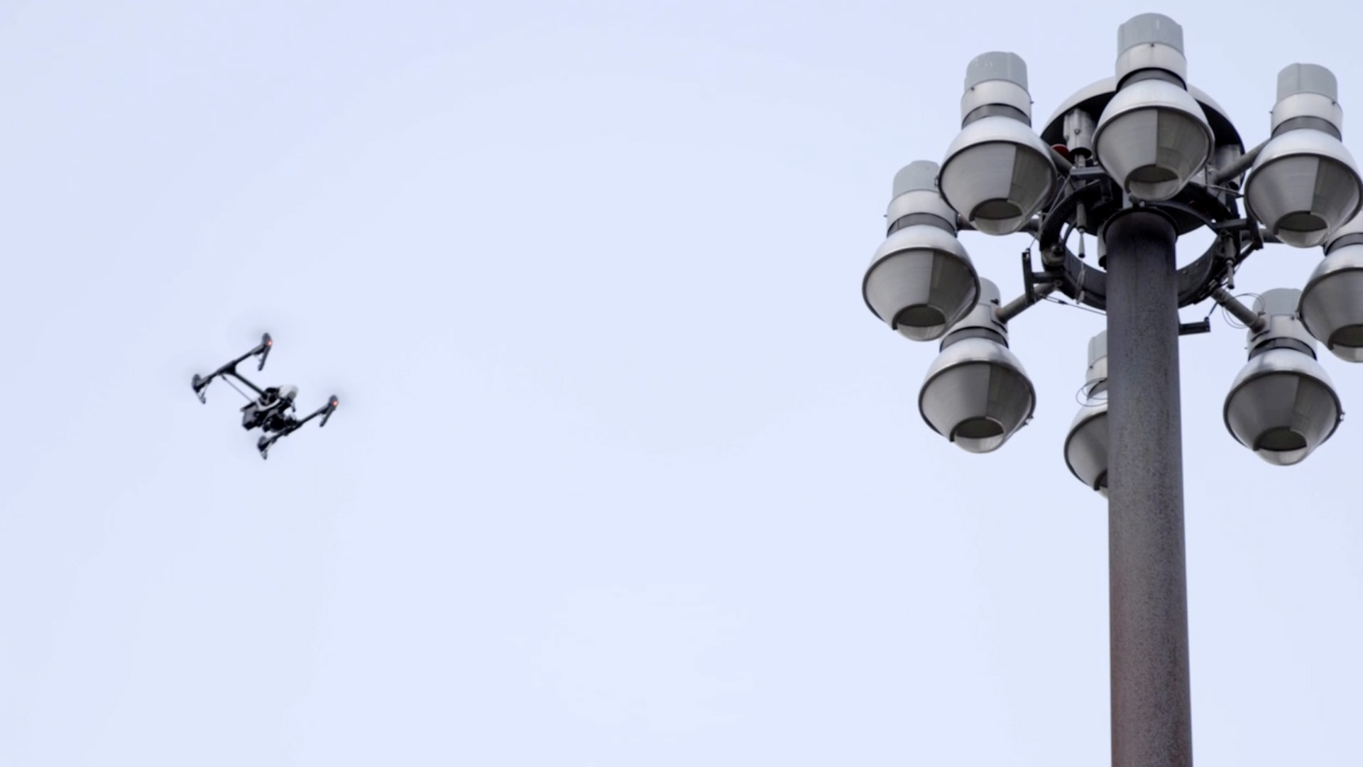 A DJI Inspire conducts a high mast light pole inspection in New Jersey. Photo courtesy of George Finlay/Principia.