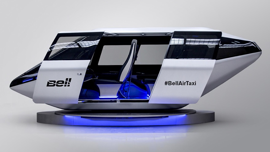 Bell Helicopter displayed at the Consumer Electronics Show this cabin and fuselage mockup of a future air taxi design with four seats that is in development. Image courtesy of Bell Helicopter.