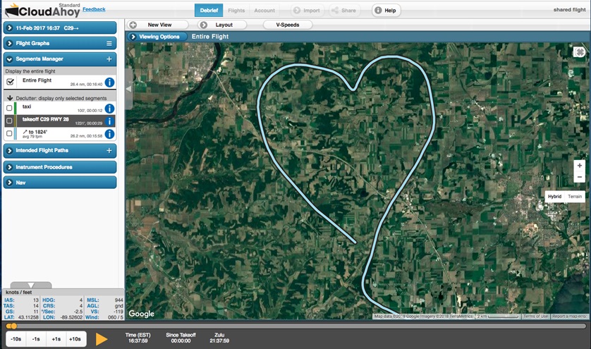 Wisconsin flight instructor Pete Aarsvold made a heart into an aerial Valentine project with the help of flight tracking software from CloudAhoy. The idea spurred him to integrate the technology into aviation skill-building. Photo courtesy of Pete Aarsvold and CloudAhoy.