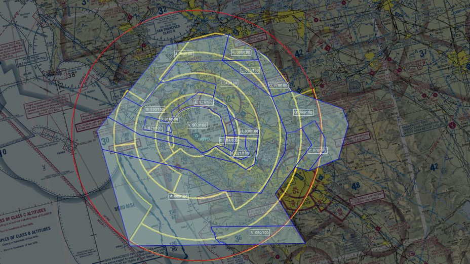 Graphic depicting new Class B shown in blue overlaid on existing Class B shown in yellow with Mode C Veil shown in red.