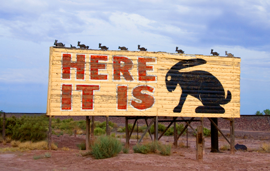 Dating to 1949, the Jack Rabbit Trading Post is a Route 66 icon. The store’s original owner placed billboards up and down US 66, culminating in this one in front of the store. The sign was even parodied in the 2006 film “Cars.” Today the store sells mostly typical Route 66 souvenirs with a few gems mixed in. The most fun items are all the Route 66 memorabilia on display. It’s about 16 miles east of Winslow and not far from Rock Art Ranch; take Exit 269 off I-40 toward Jackrabbit Road. Photo by Carol Highsmith courtesy LegendsOfAmerica.com.