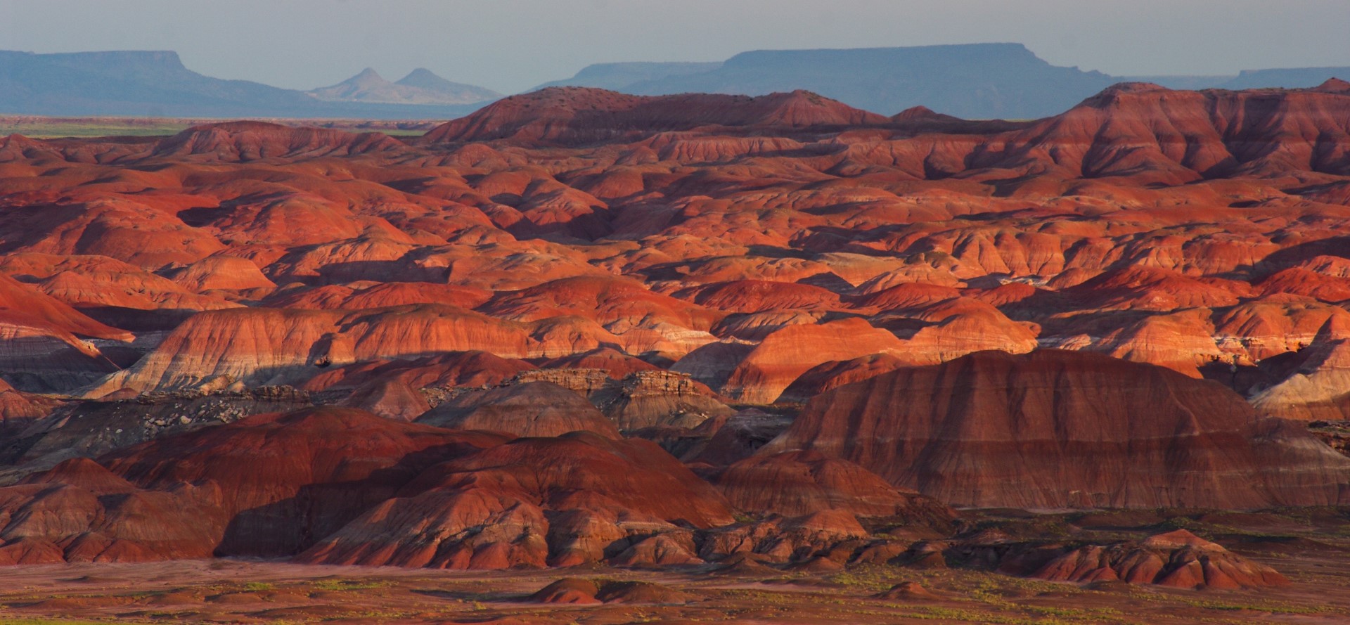 Sunset in the Painted Desert, as seen from an overlook in the northern portion of Petrified Forest National Park. Be sure to stop by the Painted Desert Inn, a National Historic Landmark (open daylight hours only), to see the extraordinary, one-of-a-kind mountain lion petroglyph, found at Blue Mesa, as well as several priceless Hopi murals. CCC workers not only rebuilt the inn during the late 1930s, but also hand-painted the translucent glass skylight tiles with pottery designs, and hand-crafted the tin lamps. Photo courtesy NPS.