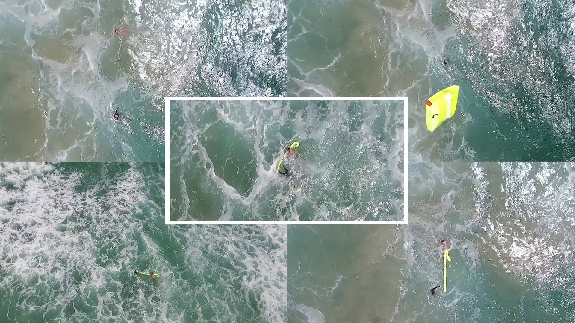 This sequence of images from a video taken Jan. 18 by the Westpac Little Ripper documents the rescue of two teens who were caught in dangerous surf far from shore, and assisted by a floatation device dropped from the drone. Photos from video courtesy of Westpac Little Ripper. 