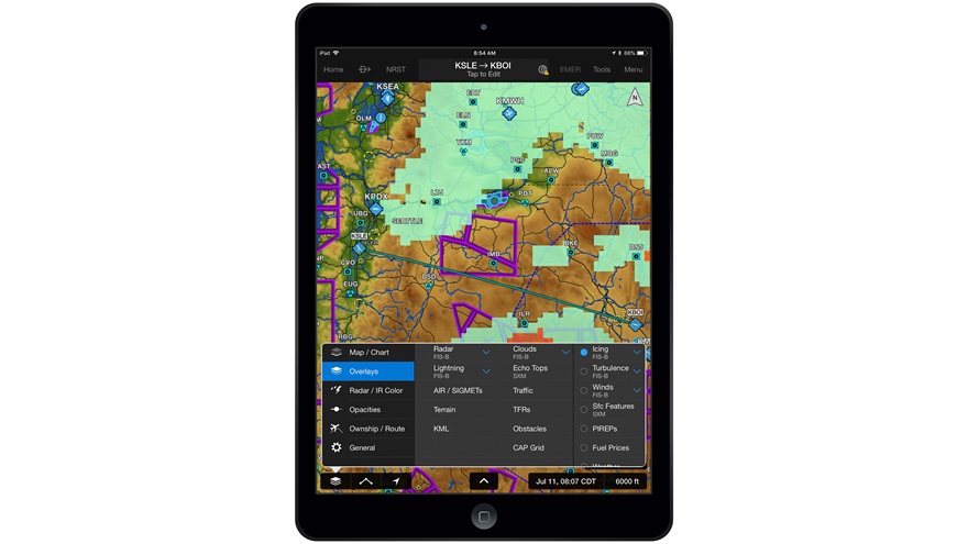 This Garmin Pilot app on an Apple iPad shows forecast potential icing, one of the FAA's new FIS-B weather products. It provides forecast icing probability and severity every 2,000 feet, from 2,000 feet msl to 24,000 feet msl. Photo courtesy of Garmin International.