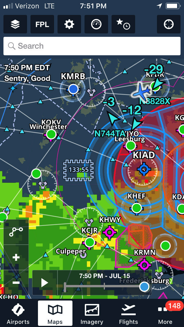 The 'Sentry, Good' text in the top left corner of the Maps screen confirms the ForeFlight wireless connection.