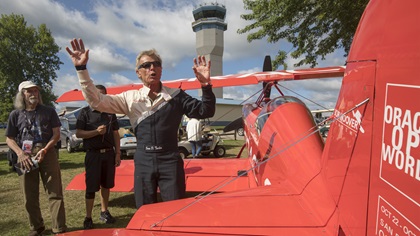 Sean D. Tucker describes maneuvering his Oracle Challenger III biplane, which will be featured in a new gallery celebrating general aviation at the Smithsonian National Air and Space Museum. Photo by Jim Moore.