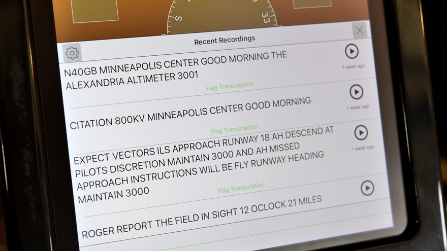 Appareo debuted its new Stratus Horizon Pro iOS app at EAA AirVenture 2018. The app offers backup Attitude Heading Reference System (AHRS) and radio playback capabilities; radio transcription--shown above--is being tested and will be incorporated in a future release. Photo by Mike Collins.