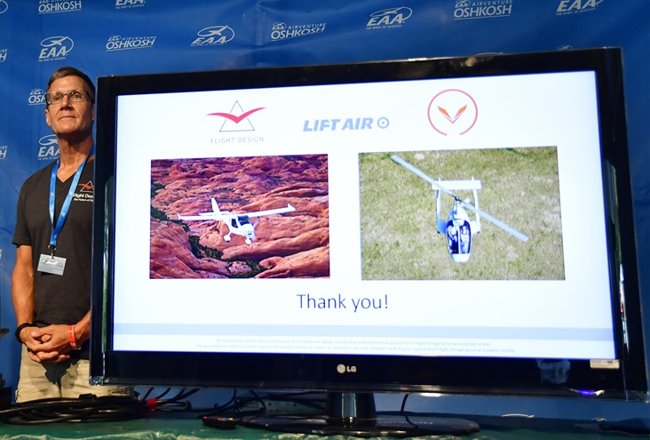 Flight Design USA President Thomas A. Peghiny talks about the light sport aircraft firm's new model called the CTLSi GT during EAA AirVenture in Oshkosh, Wisconsin, July 24, 2018. Photo by David Tulis.