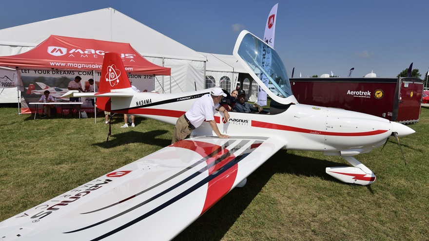 Mangus Aircraft America debuted its Fusion 212, a factory-built special light sport aircraft, at EAA AirVenture 2018. Parts are manufactured in Hungary and then the aircraft is assembled in the United States. Photo by Mike Collins.