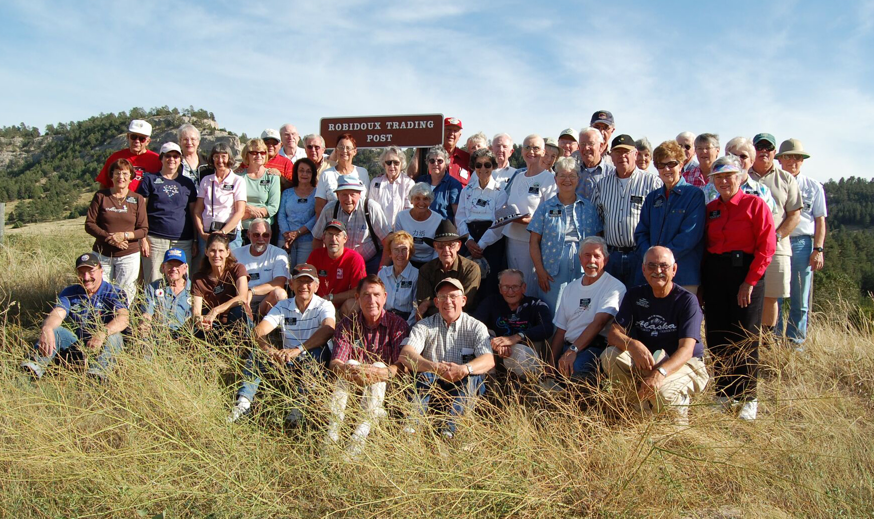 Historic Trail Flyers participants pose at the Robidoux Trading Post on the Oregon Trail near Scotts Bluff National Monument in Nebraska. Photo courtesy Bob Bronson.