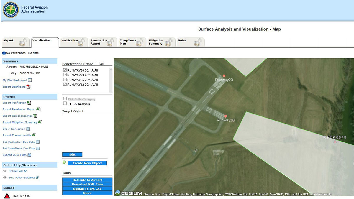 An example of the SAV tool showing the 20:1 surface and obstacle penetrations. Image courtesy of FAA.