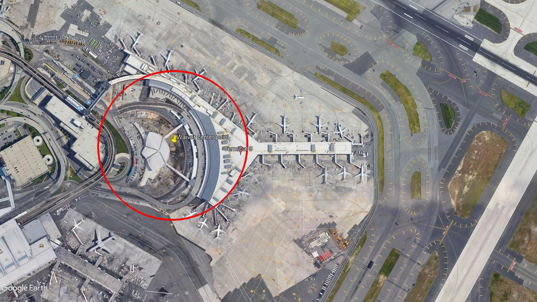 This Google Earth view of John F. Kennedy International Airport shows the area where the FAA allowed Cinematic Aerospace to conduct drone operations under a waiver granted in February. Google Earth image with graphics created by AOPA based on waiver provisions.
