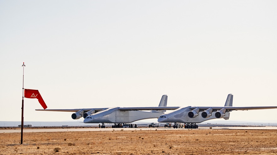 The massive Stratolaunch conducted a new round of taxi tests at Mojave Spaceport in Mojave, California, in late February. Photo courtesy of Stratolaunch Systems Corp.  