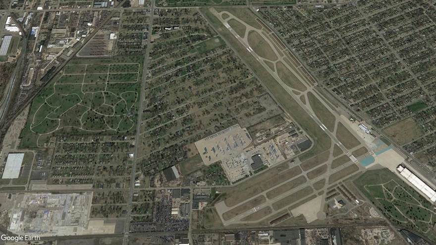 The city of Detroit is once again considering options for the future use of Coleman A. Young Municipal Airport. Google Earth image.  