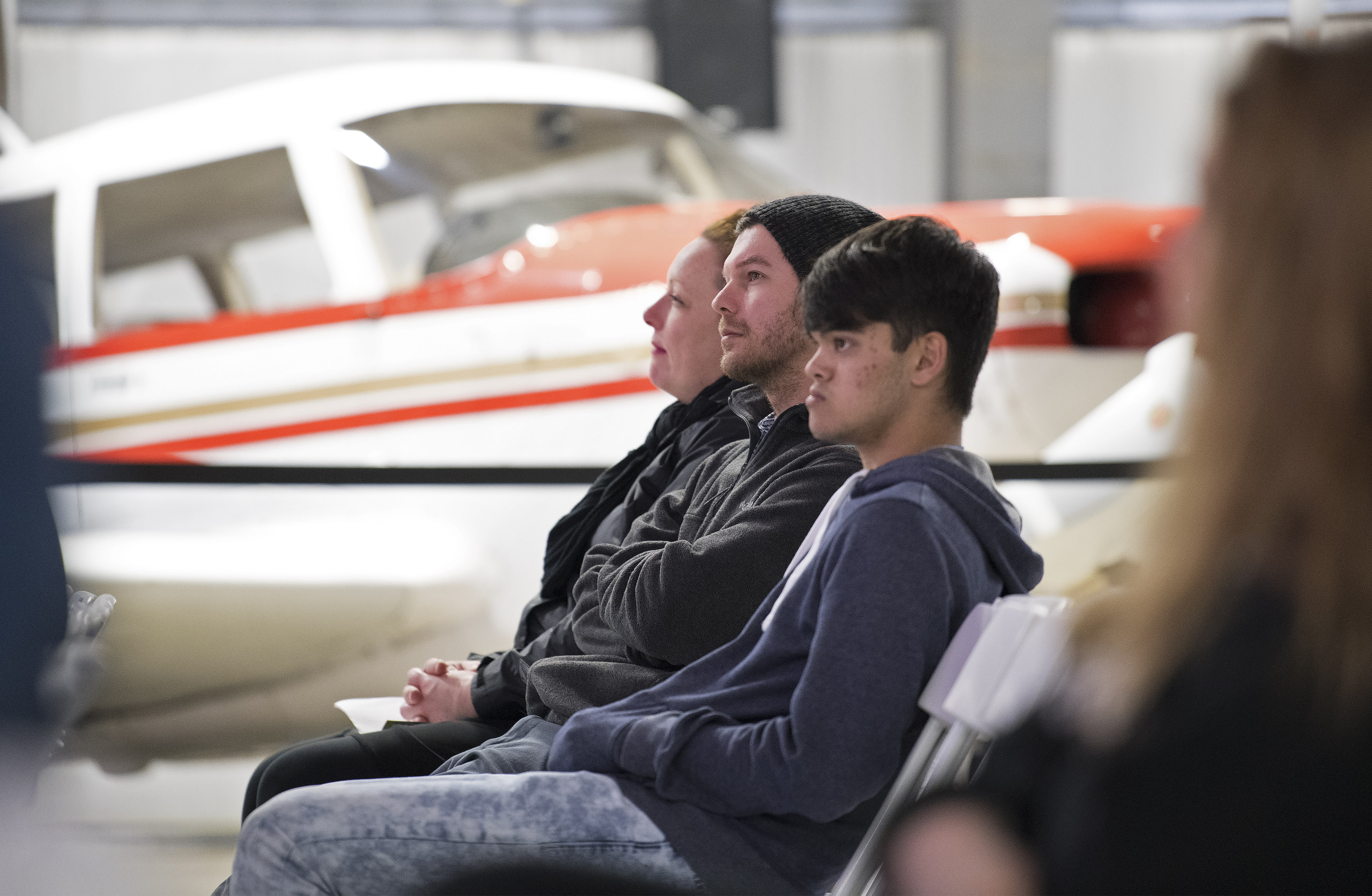 High school students attend a presentation about science, technology, engineering, and math aviation career options during an educational event at Grants Pass Airport, in Grants Pass, Oregon, March 15. Photo by David Tulis.