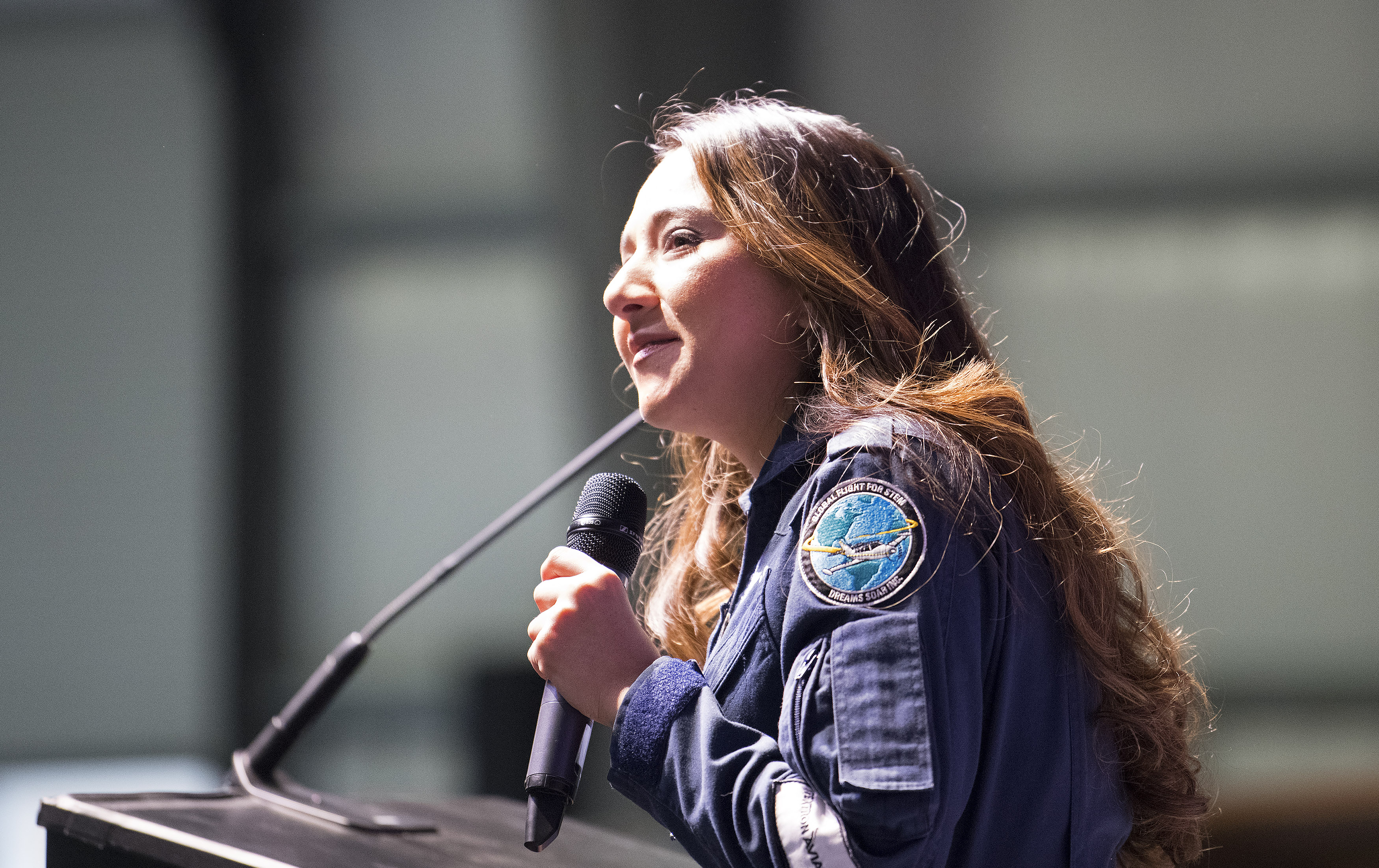 Around-the-world solo female pilot Shaesta Waiz talks about her global journey that utilized science, technology, engineering, and math concepts during an educational event at Grants Pass Airport, in Grants Pass, Oregon, March 15. Photo by David Tulis.