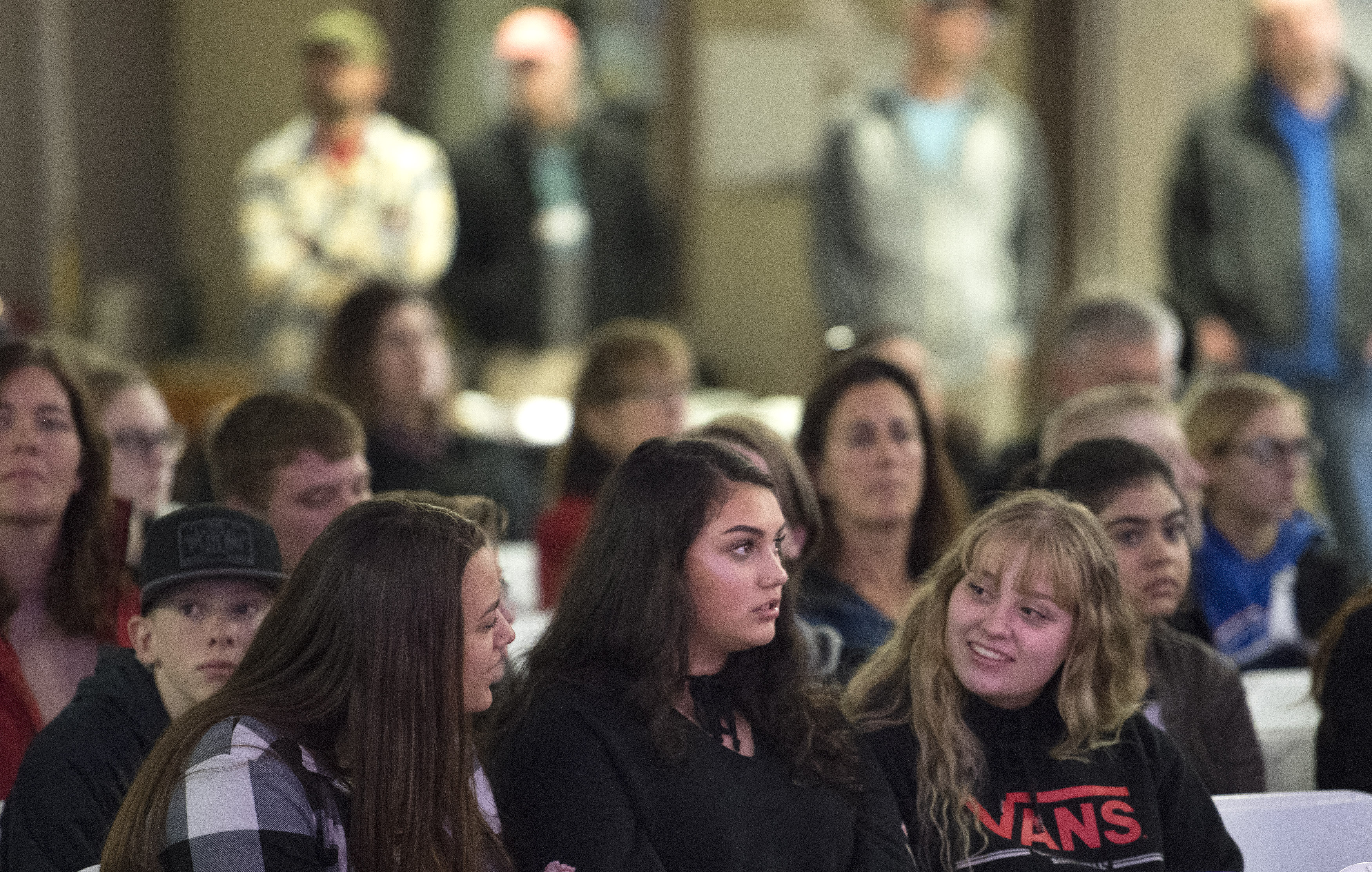 High school students attend a presentation about science, technology, engineering, and math aviation career options during an educational event at Grants Pass Airport, in Grants Pass, Oregon, March 15. Photo by David Tulis.