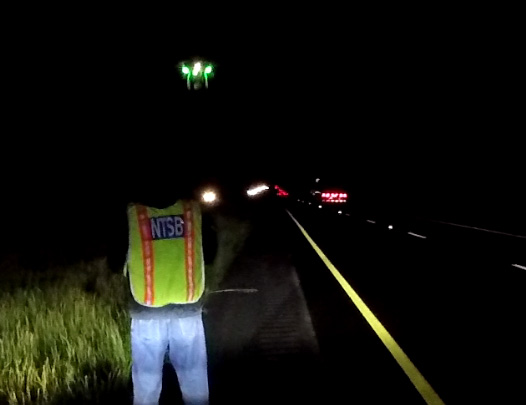 NTSB investigators flew a DJI Phantom 4 Pro at night to capture the driver's view of Interstate 10 in the vicinity of a fatal bus crash. NTSB photo. 