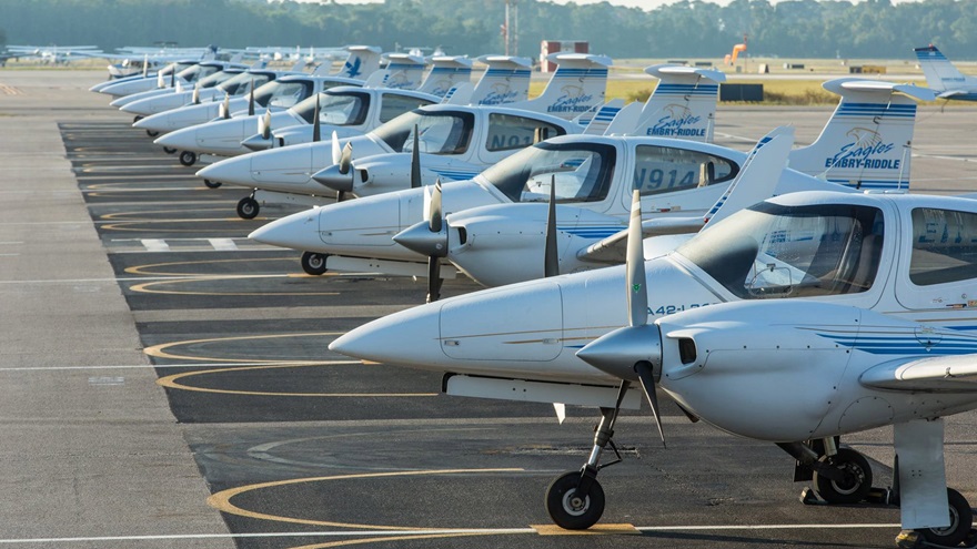 Embry-Riddle uses a fleet of nearly 100 single- and multi-engine aircraft for primary and advanced flight training at its Daytona Beach, Florida, and Prescott, Arizona, campuses. Photo courtesy of Embry-Riddle Aeronautical University.
