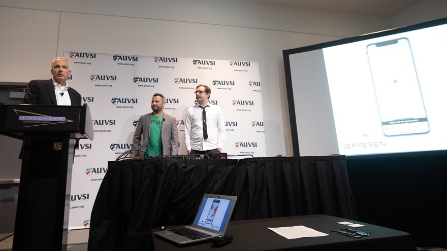 From left, Mike Abbott, director of Jeppesen Data Solutions, Kittyhawk CEO Jon Hegranes, and Kittyhawk founder and chief pilot Joshua Ziering, announced a collaboration between their companies May 1 during AUVSI Xponential in Denver. Photo by Jim Moore.