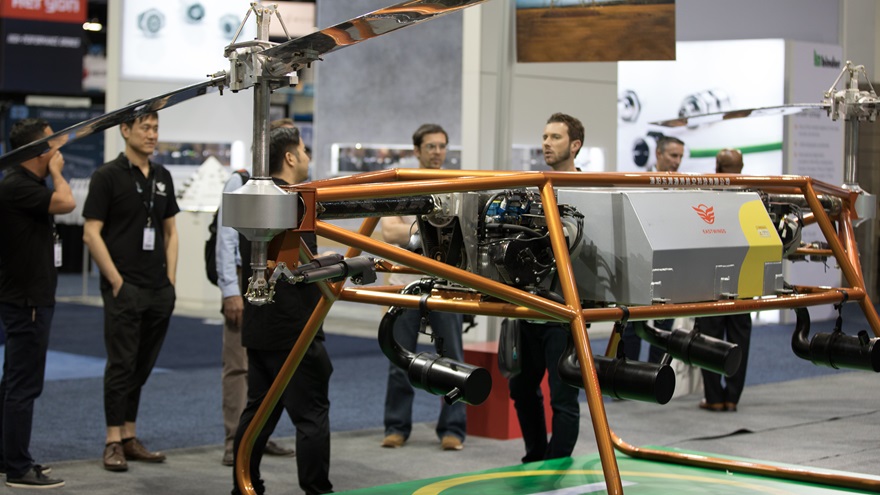 This unmanned, twin-rotor helicopter made by Liyang East Wing General Aviation Technology Co. can lift more than 1,000 pounds and is a type of drone that could be used for aerial application under the federal Unmanned Aircraft Systems Integration Pilot Program. Jim Moore photo.