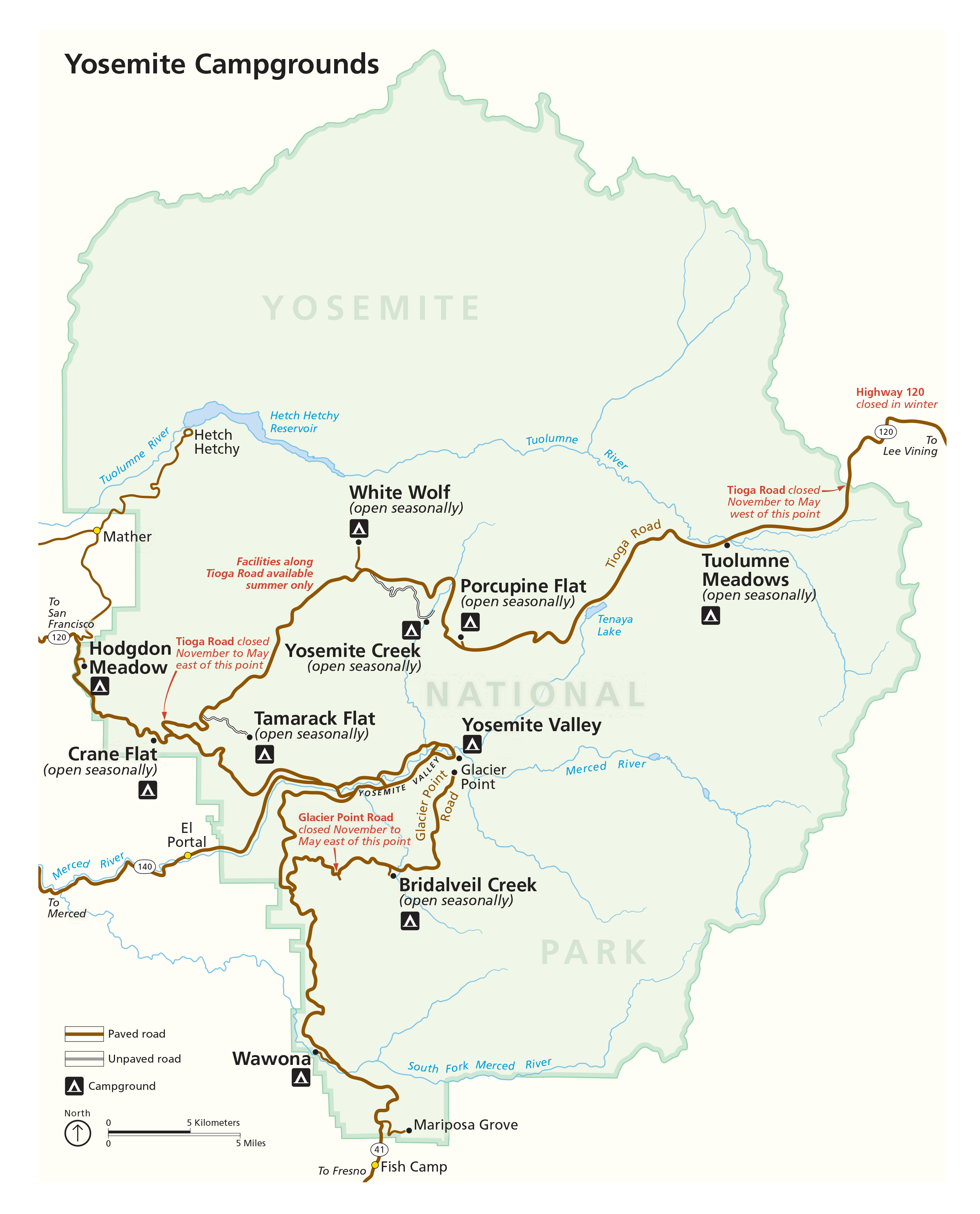 Map of Yosemite National Park, about 95 percent of which is wilderness. Fly to Madera and enter via Highway 41 and the South Entrance. Or, fly to Mammoth and enter via Highway 120 and Tioga Pass (longer, though more scenic drive). The vast majority of visitors congregate in the relatively small Yosemite Valley, but if you want solitude, you can get it by backpacking the backcountry (pick up permits at the Visitor’s Center). A must-do is to drive up to Glacier Point. The Glacier Point Road is accessed via Highway 41, south of Yosemite Valley. Map courtesy NPS.
