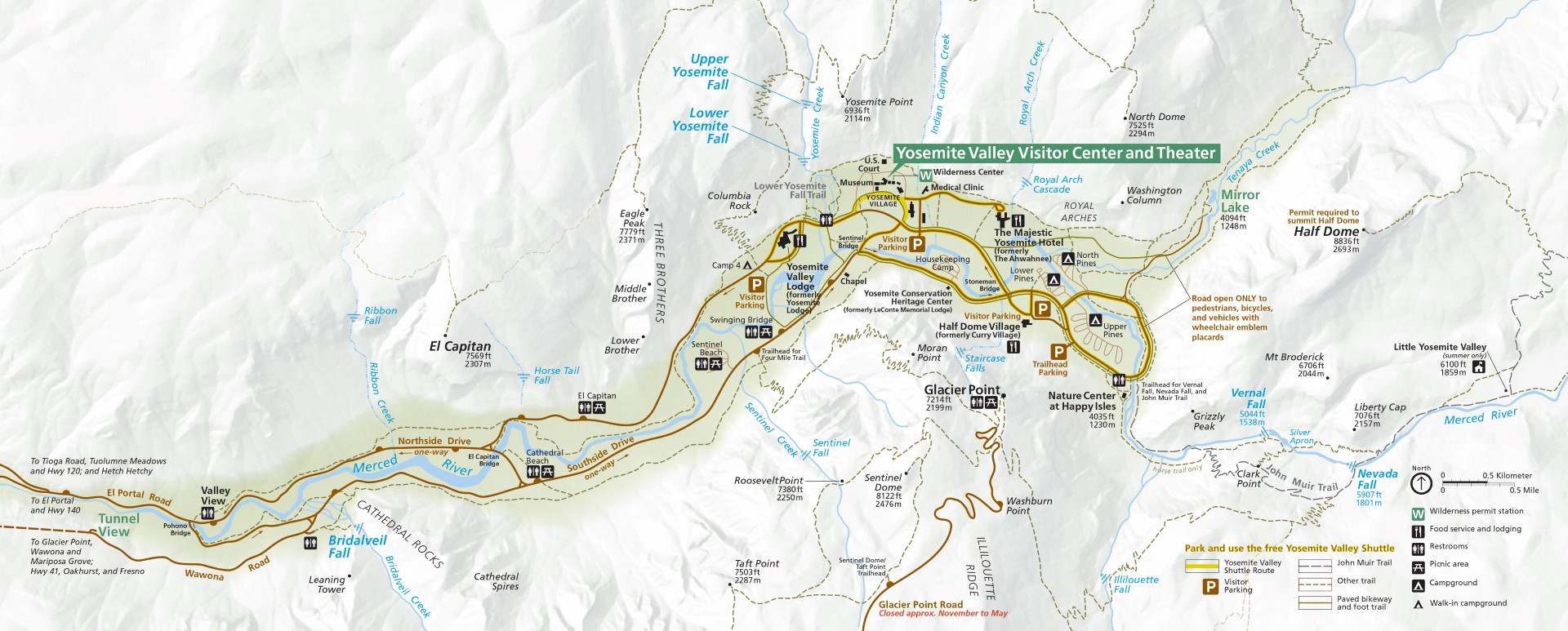 Detail of Yosemite Valley, showing highlights: Tunnel View, Bridalveil Fall, Glacier Point, Vernal Fall, Nevada Fall, Half Dome, the two great hotels, and Yosemite Falls. Note that the south road is mostly one way going east, and north road is mostly one way going west. A free shuttle operates in the eastern half of the valley. The most popular hikes are to Sentinel Dome (off Glacier Point Road), Vernal and Nevada falls, Half Dome, and Yosemite Falls. Map courtesy NPS.