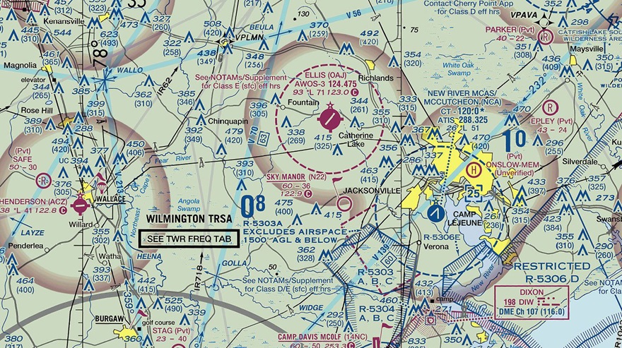 The Class E surface area around Albert J. Ellis Airport (OAJ) in North Carolina, depicted on current sectional charts, became Class D on Nov. 8 after the new control tower was put in service, though the chart changes will not be reflected until January. 