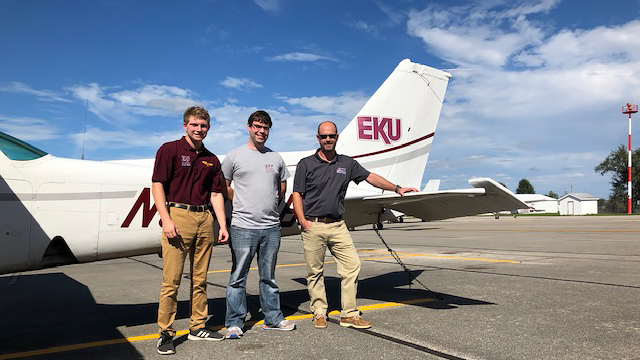 The staff of the FBO at Central Kentucky Regional Airport, where Mark Finkelstein flew his airplane to wait out Hurricane Florence,  includes aviation students at Eastern Kentucky University. Left to right: lineman Alex Montgomery, an EKU flight student; line manager Chris Harover; and airport manager Jason Bonham. Photo courtesy of Cory Hurst.