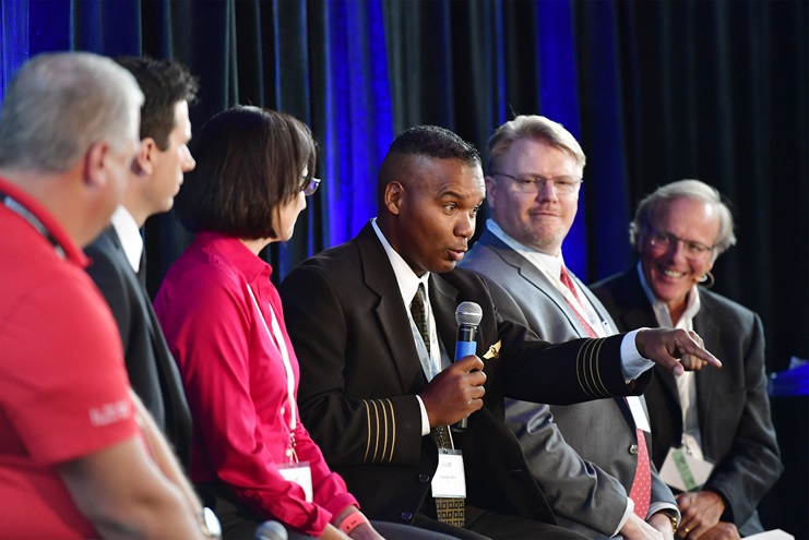 Houston Mills, a UPS captain and director of global aviation and public policy, participates in a hiring panel session during the 2017 AOPA High School Aviation STEM Symposium. Mills will deliver a keynote during the 2018 event in Louisville, Kentucky. Photo by David Tulis.
