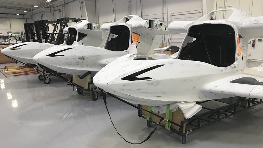 Three airframes from the Icon facility in Mexico arrive at the Vacaville, California, plant for finishing.