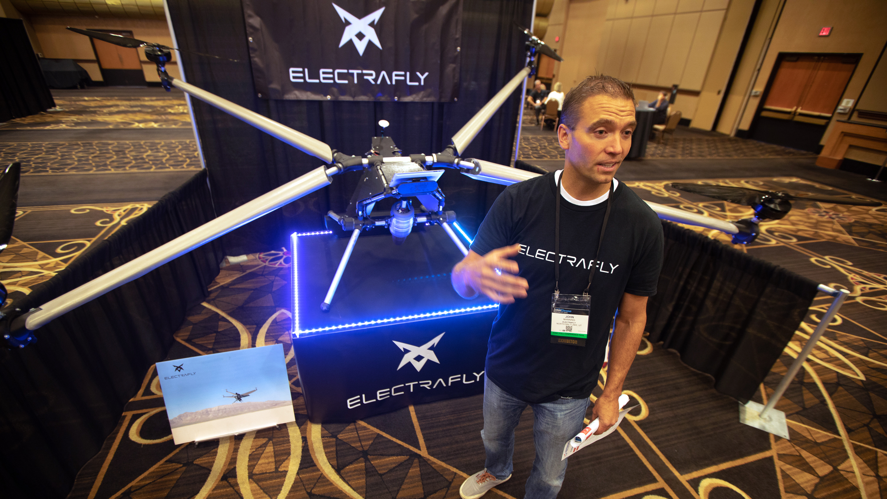 John Manning, inventor of the Electrafly personal aircraft, unveiled his first prototype at the InterDrone conference in Las Vegas, seeking investors to help continue development. Photo by Jim Moore.