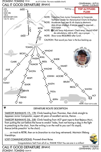 The “Call It Good Departure,” an honorary standard instrument departure chart drawn up by Thompson’s colleagues in commemoration of his career. Image courtesy of Ted Thompson.