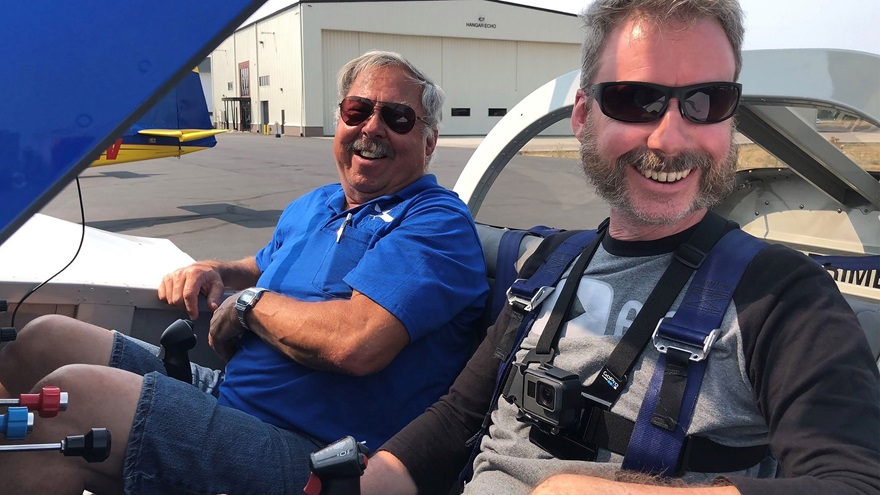 YouTube social media influencer Steve Thorne, known for his Flight Chops YouTube channel, is partnering with Van's Aircraft to document, build, and fly a two-seat RV-14 model. Thorne is shown with company flight instructor Mike Seager during a 2018 fly-off between five models. Photo courtesy of Steve Thorne, Flight Chops.