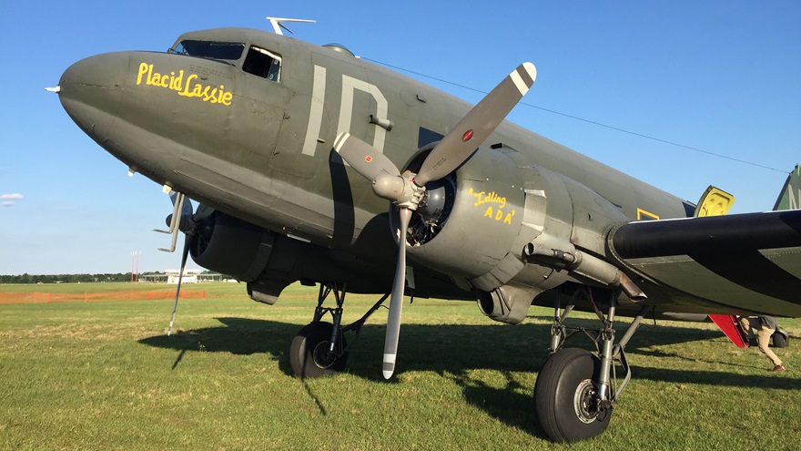 "Placid Lassie" is a 75-year-old, still-flying C–47 Skytrain that will join up with other DC–3s for the seventy-fifth anniversary of D-Day in Normandy, France.