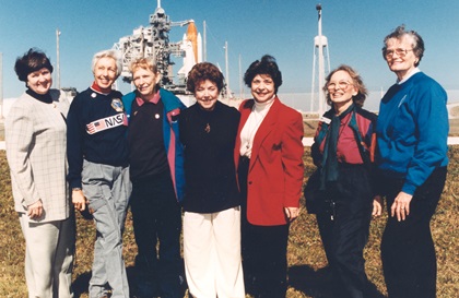 Groundbreaking female aviator Geraldyn “Jerrie” Cobb, third from left, was the first of the skilled female pilots known as First Lady Astronaut Trainees, or FLATs. She is pictured during a 1995 visit to Kennnedy Space Center with Gene Nora Jessen, Wally Funk, Jerri Truhill, Sarah Rutley, Myrtle Cagle, and Bernice Steadman. Photo courtesy of NASA.