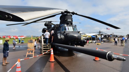 Eroded coating on the rotor blades speaks to heavy use of this U.S. Army MH-47G special missions helicopter displayed at the 2019 Sun 'n Fun Fly-In. The 160th Special Operations Aviation Regiment operates the model extensively around the world. Photo by Mike Collins.