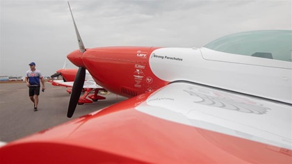 The Phillips 66 Aerostars Extra 300s lined up and waiting for a Sun 'n Fun flight. Photo by Jim Moore.