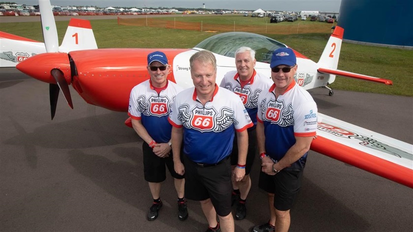 The Phillips 66 Aerostars, from left, David "Cupid" Monroe, Harvey "Boss" Meek, Gerry "Fossil" Molidor, and Paul "Rocket" Hornick. Photo by Jim Moore.