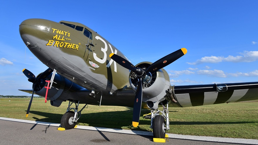 The Commemorative Air Force's immaculately restored "That's All, Brother," the C-47 that led the invasion of Normandy in June 1944, rests on the large-aircraft ramp during the 2019 Sun 'n Fun International Fly-In and Expo. Photo by Mike Collins.