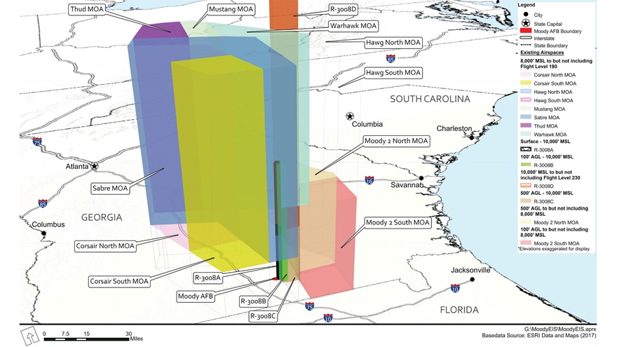 The proposed revision of the Moody Airspace Complex adjacent to Moody Air Force Base includes new military operations areas that would underlie existing airspace and would extend to lower altitudes. Image courtesy of the U.S. Air Force.