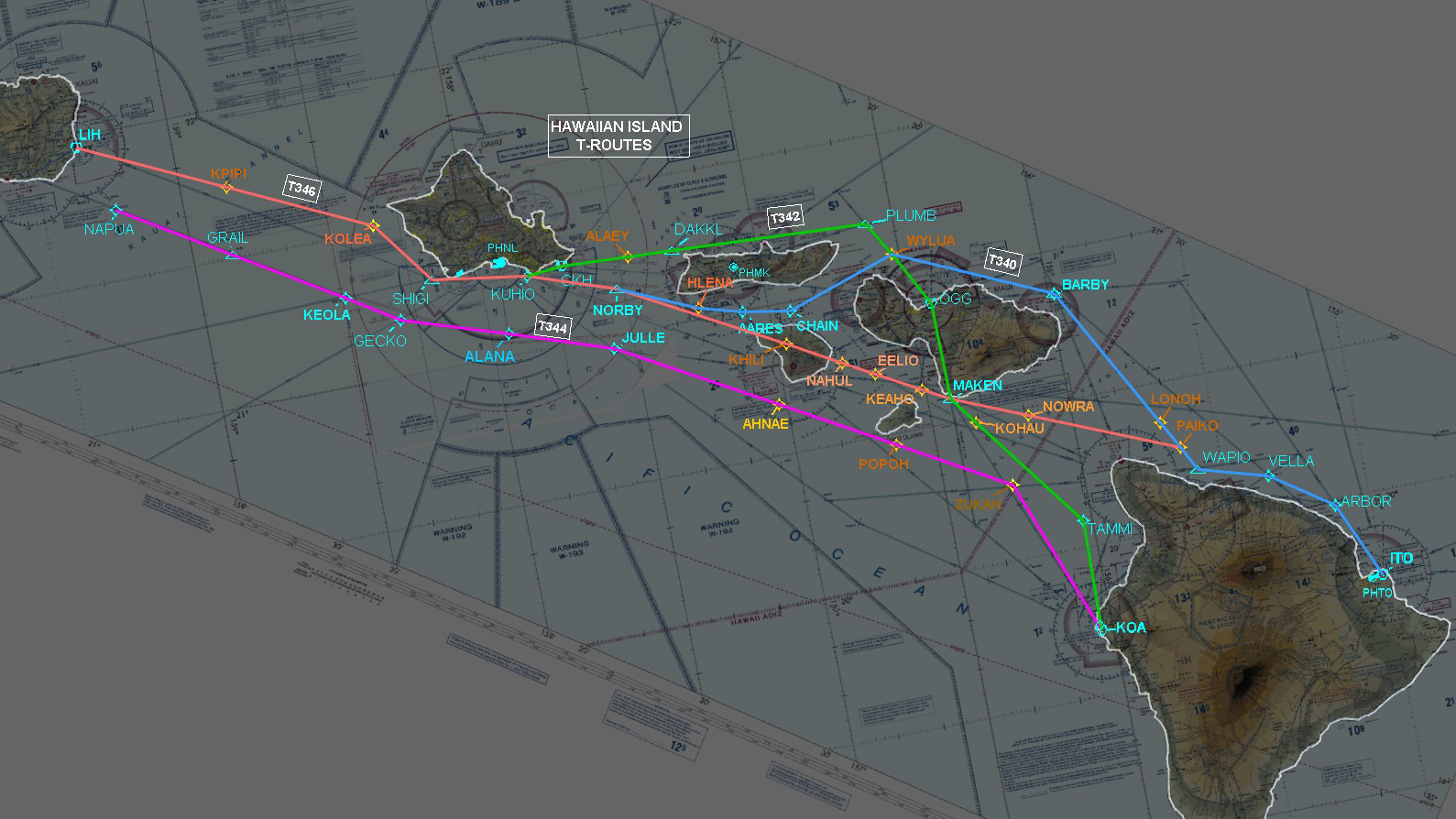 A depiction of the first T-routes proposed for Hawaii. Graphic courtesy of the FAA.