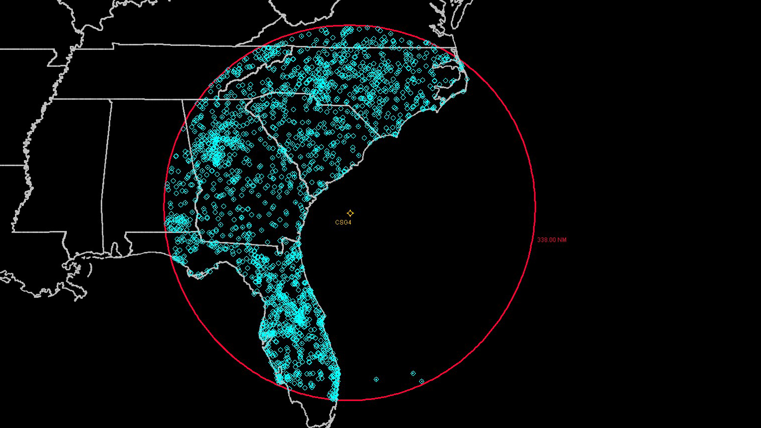  Graphic showing the airports located within the 50 feet AGL interference contour. Graphic generated with TARGETS software courtesy of MITRE.