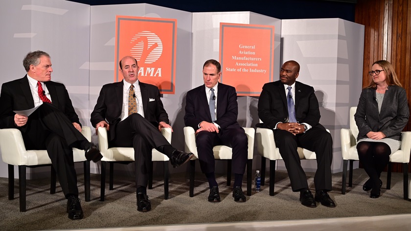 Industry leaders kick off the General Aviation Manufacturers’ Sate of the Industry address Feb. 20 in Washington, D.C. Panelists featured left to right: GAMA President and CEO Pete Bunce, GAMA Chairman and Gulfstream Aerospace Corp. President Mark Burns, GAMA Vice Chairman and Jet Aviation Senior Vice President and General Manager of Regional Operations USA David Paddock, GAMA Board Member and Boeing Global Services Business Aviation and General Aviation Vice President William Ampofo, and GAMA eVTOL Subcommittee Chair and Terrafugia Co-Founder and Lead for Regulatory Affairs Anna Dietrich. Photo by David Tulis.