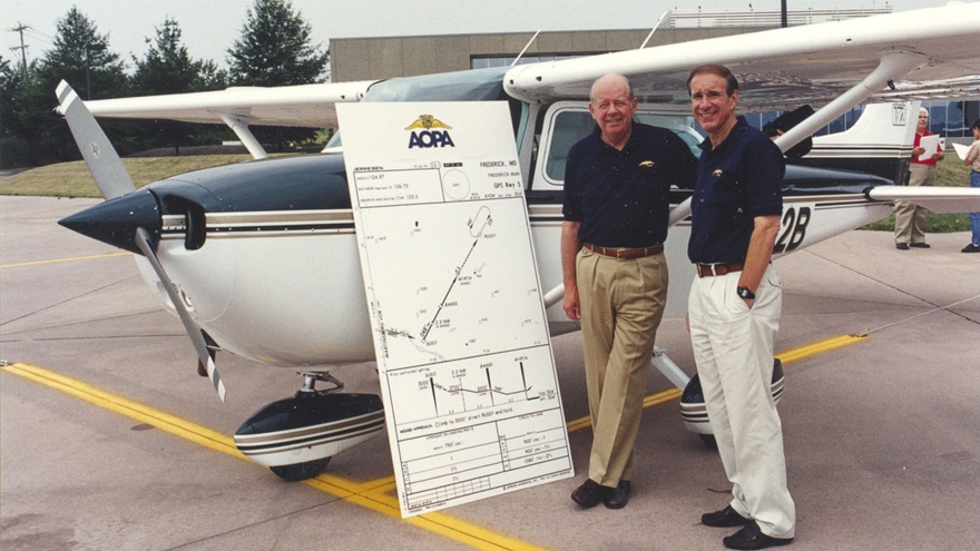 In July 1994, AOPA President Phil Boyer (right) and FAA Administrator David Hinson flew the United States’ first operational stand-alone GPS instrument approach in Frederick, Maryland.