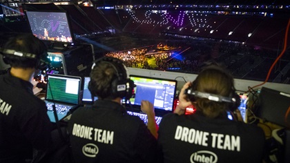 With 150 drones flown live during the halftime show, Intel bested its own record for the largest number of drones flown for an indoor light show on Feb. 3. Photo courtesy of Intel Corporation. 