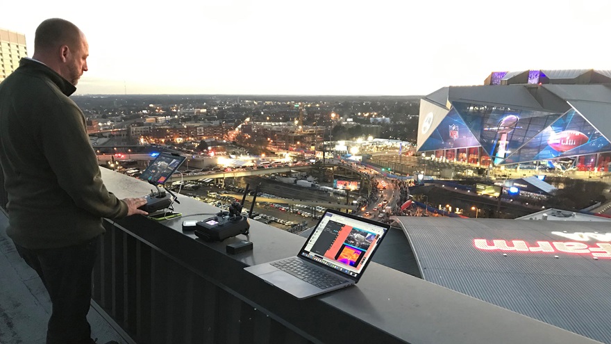 A tethered drone flown from a rooftop near Mercedes-Benz Stadium in Atlanta supported security efforts in the days leading up to, and during the, 2019 Super Bowl. Photo courtesy of Skyfire Consulting.