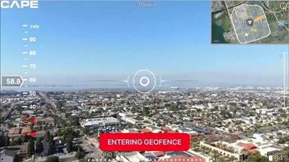 Cape's aerial telepresence platform allows the remote pilot in command to confine the drone to a defined operations area for safety, and hand control of the drone and camera to another operator. Image courtesy of Cape Productions Inc. 